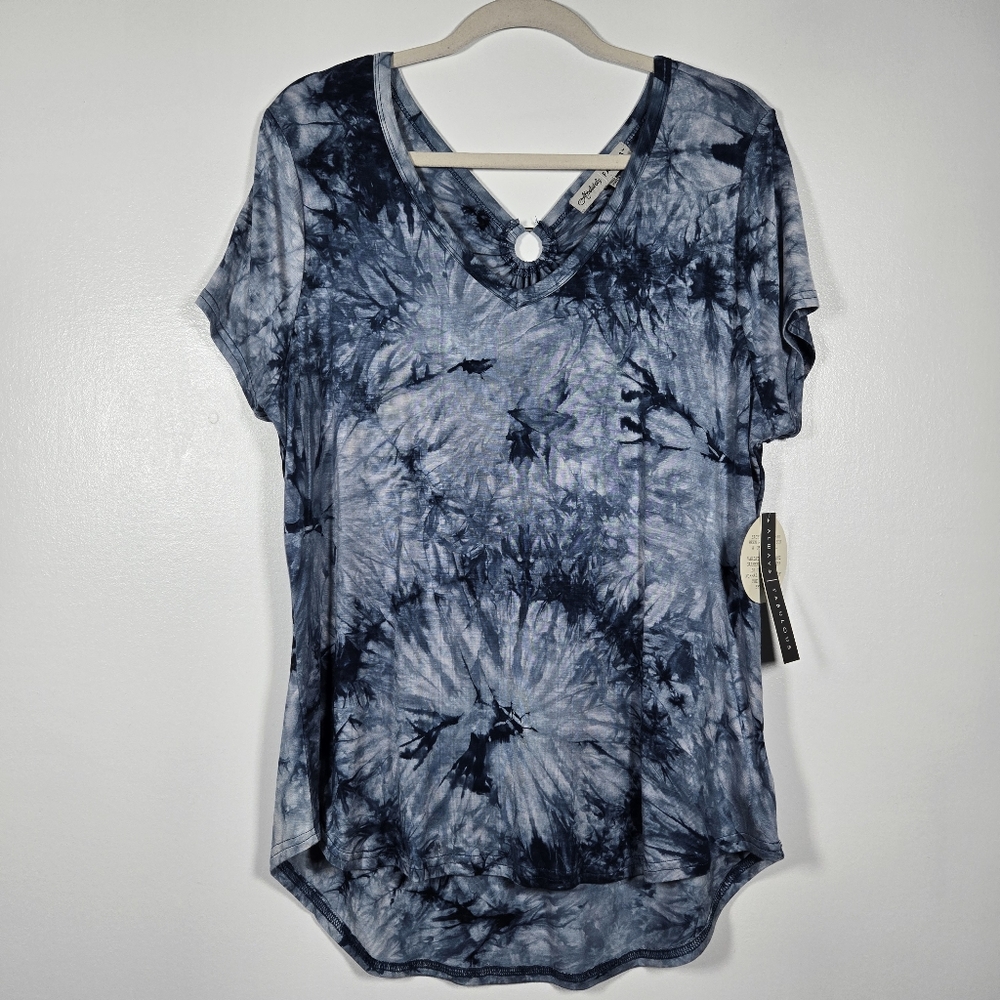 NEW Absolutely Famous Blue Tie Dye V-Neck Short Sleeve Jersey Knit Top Size XL